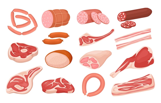 Cartoon meat products pork sausages raw steak salami slices ham bacon lamb leg barbecue product