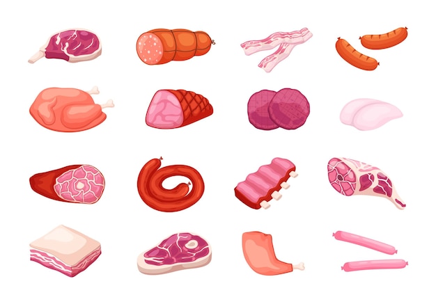 원시 농장 돼지고기, 고기, 양고기, 소시지, 베이컨, 살라미, 다양한 요리, 반제품, 동물성 단백질 식품, 바베큐, 그릴, 메뉴, 터, 고립된 세트