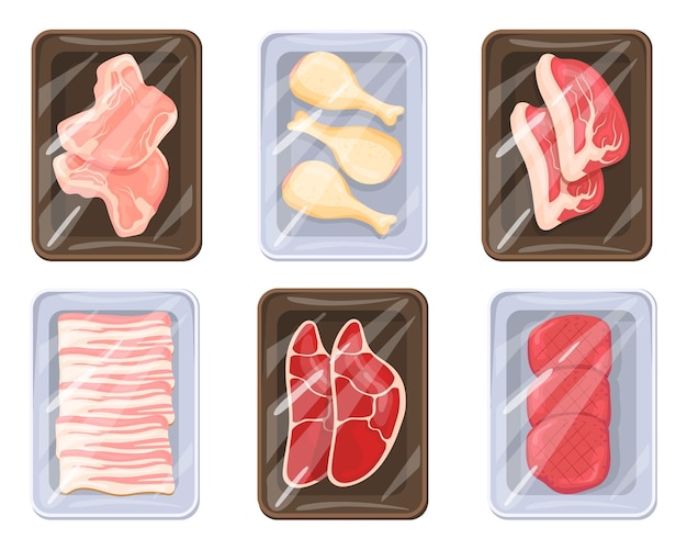 Cartoon meat trays Keeping food frozen in polyethylene whole package tray butchery product plastic pack supermarket counter fresh chicken ham beef mockup neat vector illustration