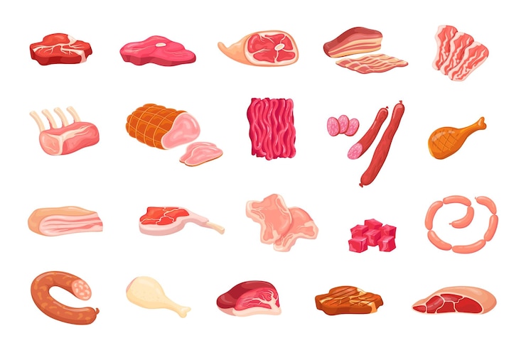 Vector 漫画の肉の様々 な豚肉と牛肉のデリカテッセン ロモ グルメ食品ソーセージ クリップアート ハム チキン ペパロニ新鮮なソーセージ生ステーキ バーベキュー ベーコン スライス セット ベクトル図