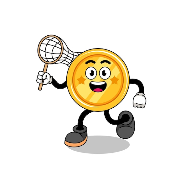 Vector cartoon of medal catching a butterfly