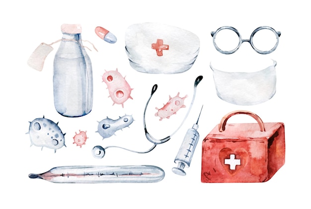 Мультяшный медицинский набор, термометр, вирусный мешок, таблетки, маска, пластырь, красное сердце, акварель, нарисованная вручную