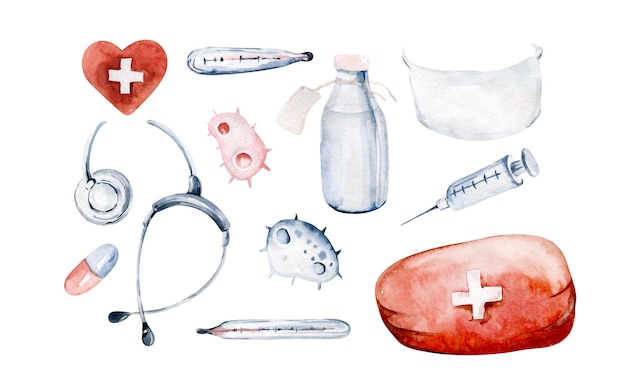 Cartoon medical set thermometer virus bag pills tablets mask patch red heart watercolor handdrawn