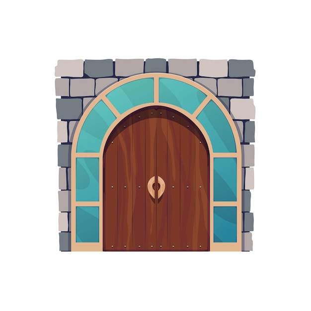 Cartoon medieval castle gate wooden door arch entrance with stone brick wall Vector closed portal of old castle dungeon ancient church cathedral or temple building entry Gothic fort prison door