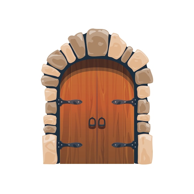 Cartoon medieval castle gate wooden door entrance