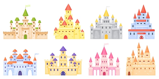 漫画の中世の城、おとぎ話の王女の城の塔。ファンタジー王国の魔法の宮殿、王の要塞、ゴシック様式の邸宅の外部ベクトルセット。門のある神秘的な王室の建物を夢見る
