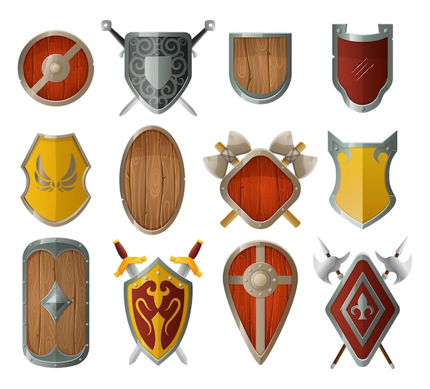 Vector cartoon medieval shield old castle decor armor with crossed swords wooden and metal shields vector set