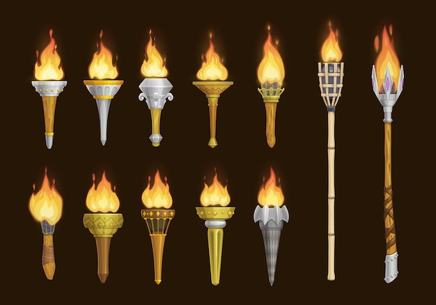 Vector cartoon medieval torches vector game assets of ancient torch lanterns with burning fire fire torch light in stone and wooden pipe stick tribal or victory cup torch lantern or torchlight