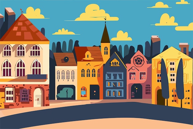 漫画の中世の町フラット スタイルのベクトル図カラフルな家の風景の背景