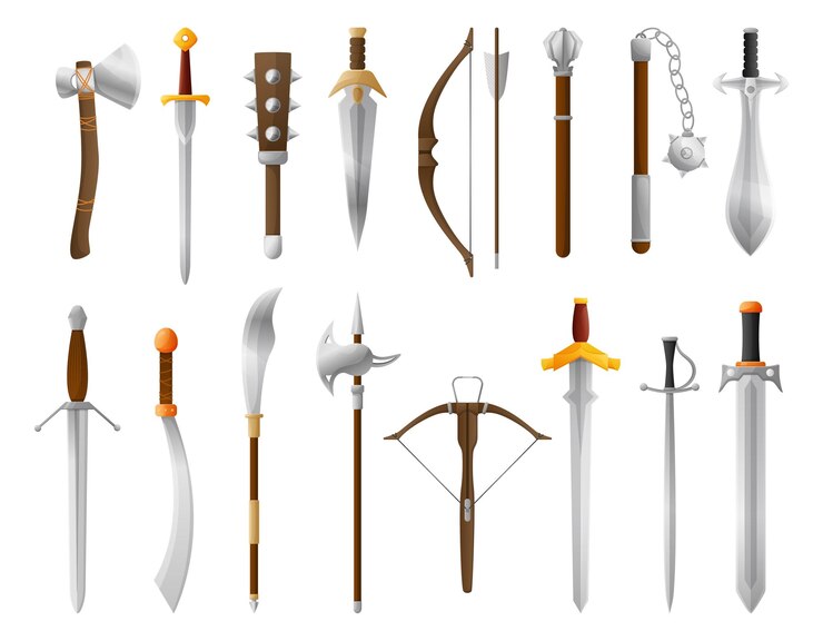 Vector cartoon medieval weapon old sword bow and axe fantasy knight battle weapons vector illustration set