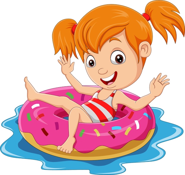 Vector cartoon meisje drijvend met opblaasbare ring