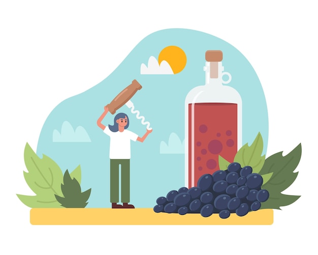 Vector cartoon meisje kurkentrekker te houden om fles wijn te openen proces van wijnbereiding met behulp van biologische druiven het maken van alcoholische dranken wijnproductie-industrie vector