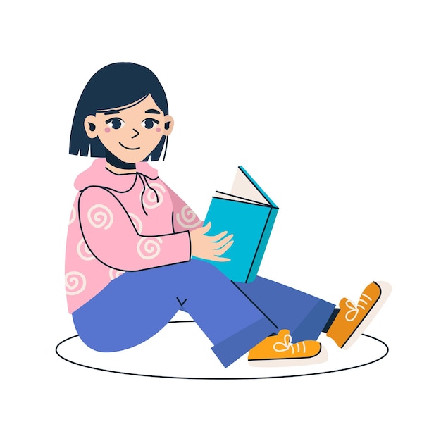 Cartoon meisje leest een boek Leuke brunette Set van vectorillustraties