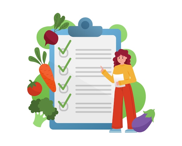 Cartoon meisje maakte boodschappenlijstje bij supermarkt Groenten en fruit als energiebron Idee van vegetarisch dieet Proces van gewichtsverlies Vectorillustratie