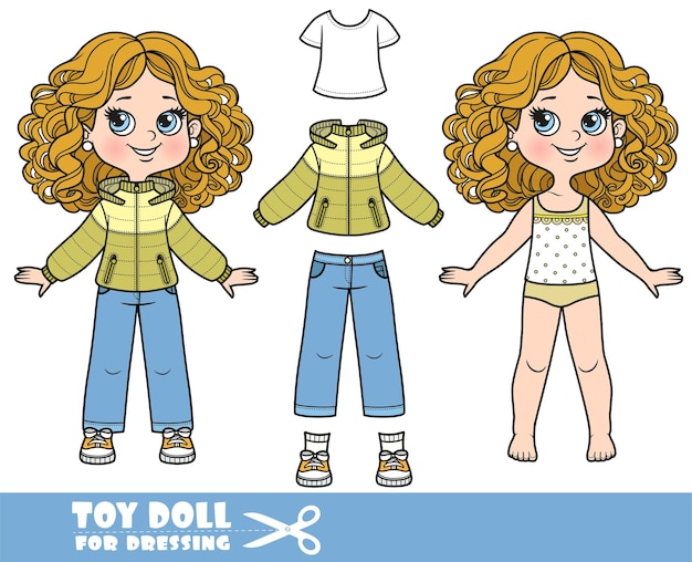 Cartoon meisje met krullend haar in ondergoed gekleed en kleding apart warm jasje met een kap t-shirt jeans en sneakers pop om aan te kleden