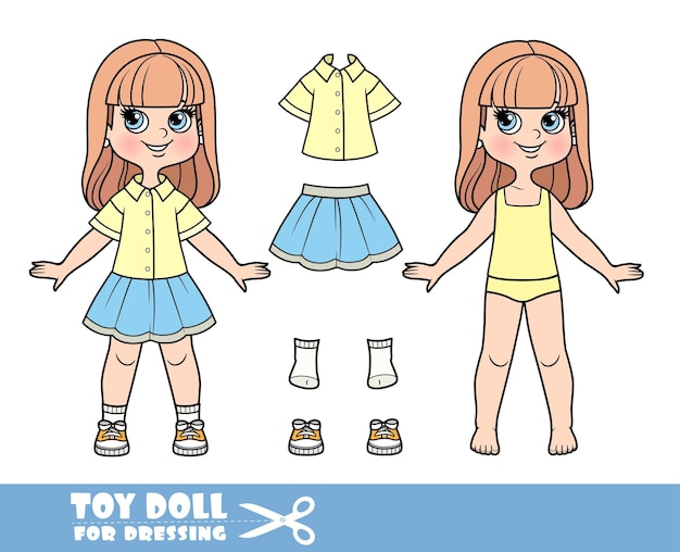 Cartoon meisje met lang steil haar in ondergoed gekleed en kleding apart shirt met korte mouwen rok en sneakers pop om aan te kleden