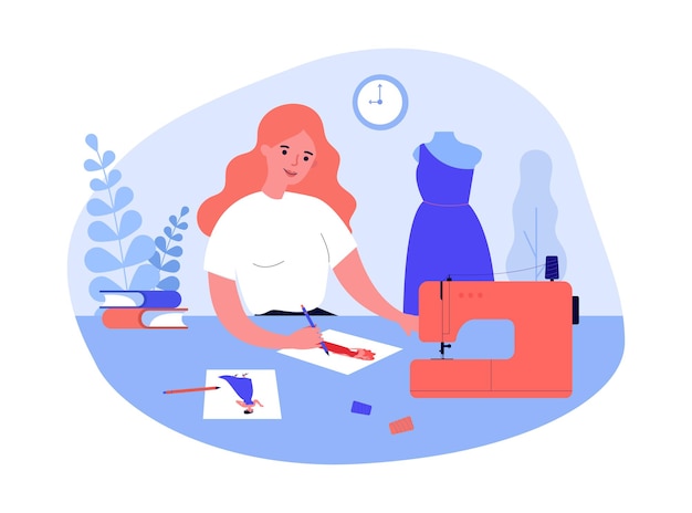 Cartoon meisje naaien kleding platte vectorillustratie. Vrouw tekenen schetsen van toekomstig model van jurk, zittend aan tafel met naaimachine. Naaien, mode, kleding, creativiteit, designerconcept