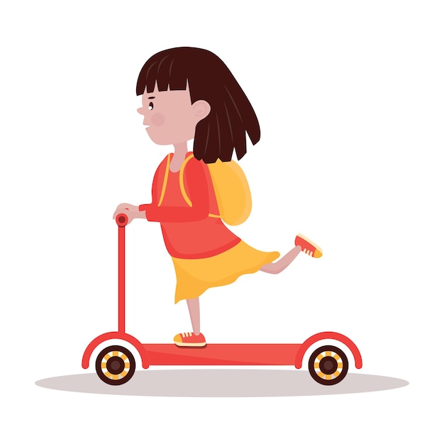 Cartoon meisje rijdt op een scooter. vector illustratie.