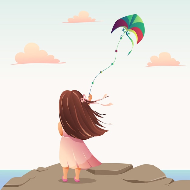 Cartoon meisje vliegt een vlieger in de lucht.