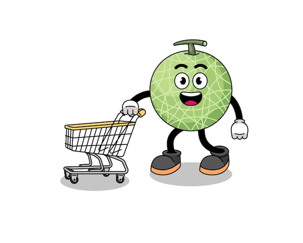 Cartoon of melon fruit holding a shopping trolley