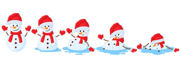 Cartoon melted snowman cartoon vector illustration set