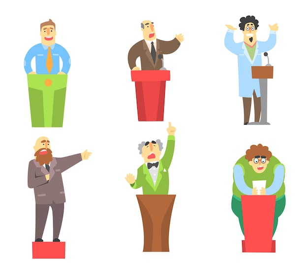 Cartoon men characters giving speech from tribune public speakers university lecturers student and politician funny and emotional orators colorful illustrations isolated on white flat vector set