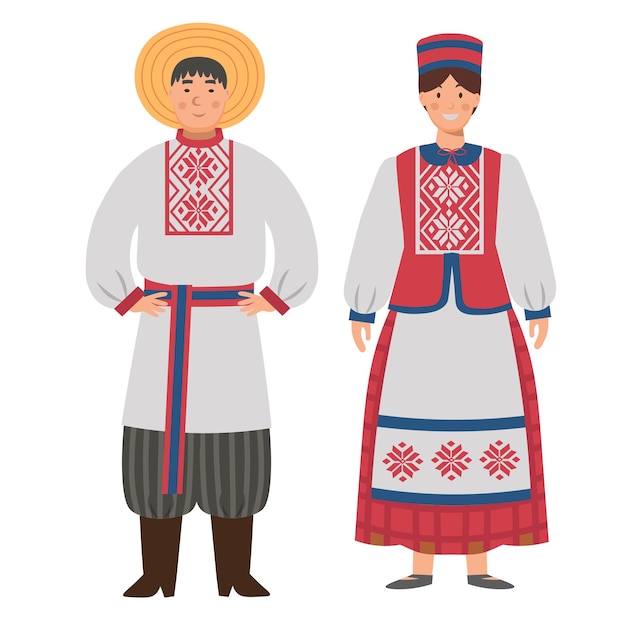 Вектор Мультфильм мужские и женские костюмы белорусского персонажа для детей плоская векторная иллюстрация