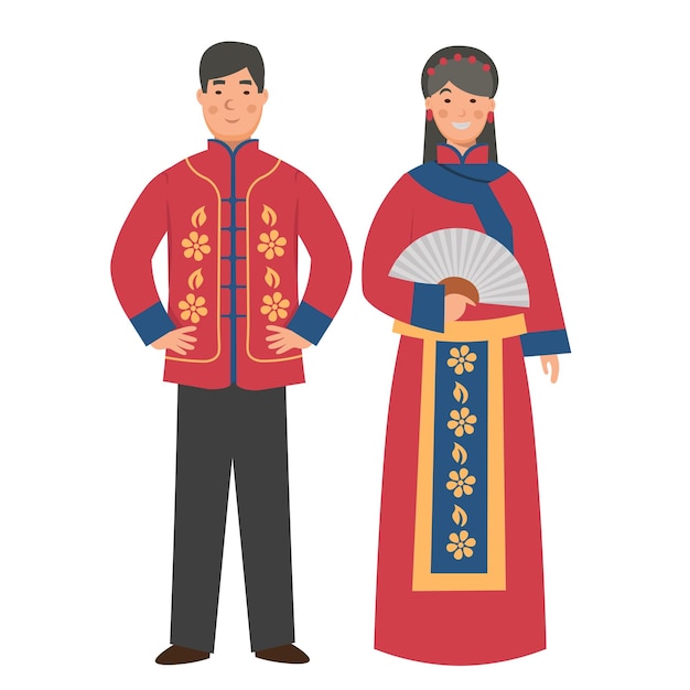 Cartoon men's and women's china costume character for children Flat vector illustration