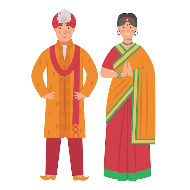 Vector cartoon men's and women's costumes of india character for children flat vector illustration