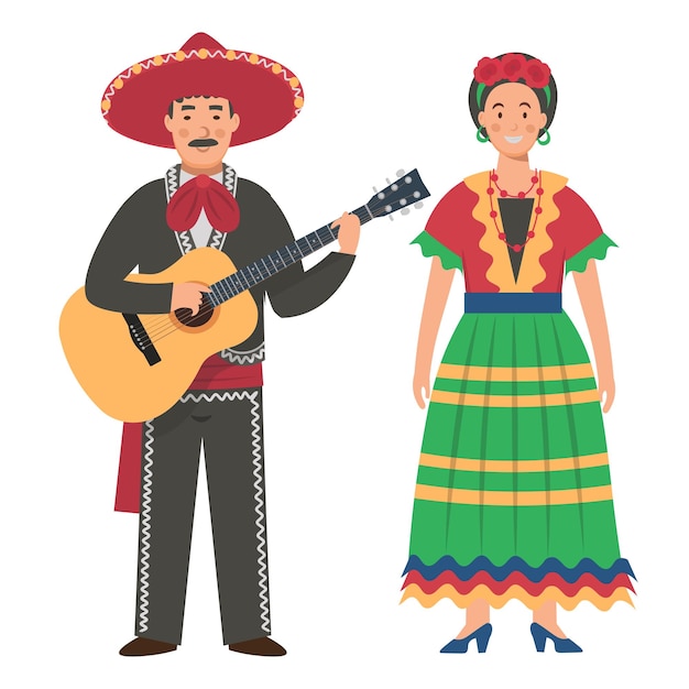 Vector cartoon men's and women's costumes of mexico character for children flat vector illustration