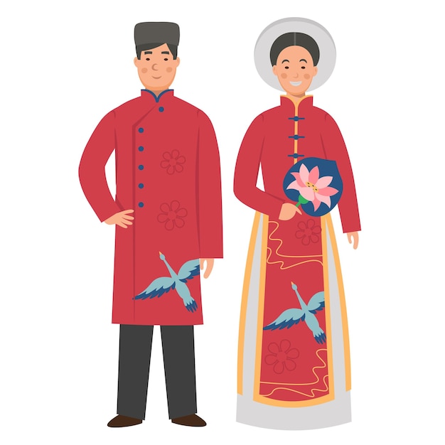 Cartoon men's and women's vietnam costume character for children flat vector illustration