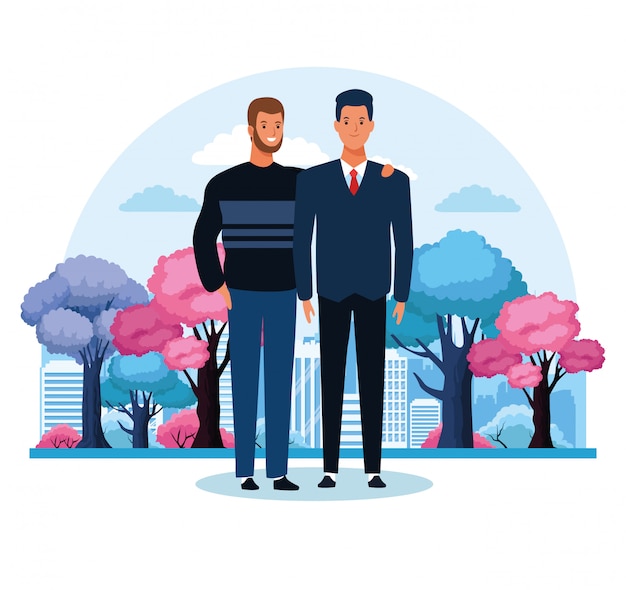 Cartoon men standing over colorful trees