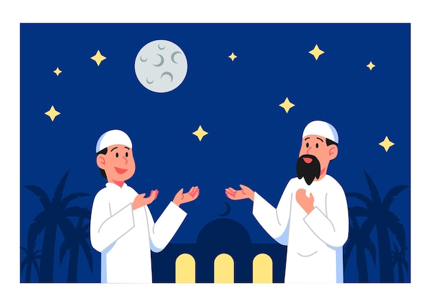 A cartoon of men in white robes and a moon on a blue background.