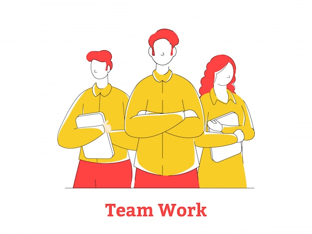 Vector cartoon men and woman holding tab for team work concept.