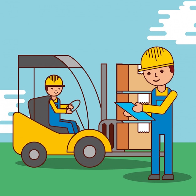 cartoon men worker delivery logistic forklift and packages