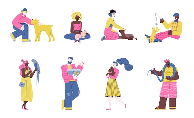 Cartoon mensen houden gezelschapsdieren geïsoleerde set van mannen en vrouwen met huisdieren
