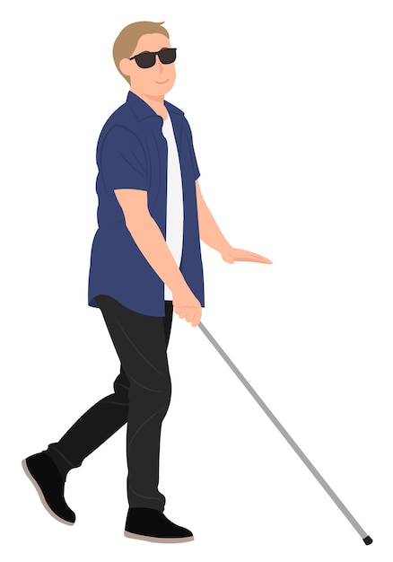 Cartoon mensen karakter ontwerp blinde jonge man lopen met een wandelstok. Ideaal voor zowel print als webdesign.