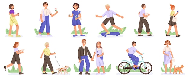 Cartoon mensen lopen op straat fietsen of daten stad menigte vector symbolen set