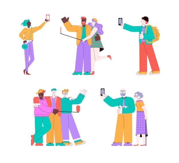 Cartoon mensen nemen een selfie geïsoleerde set van mannen in de groep omhelzen oud en jong stel