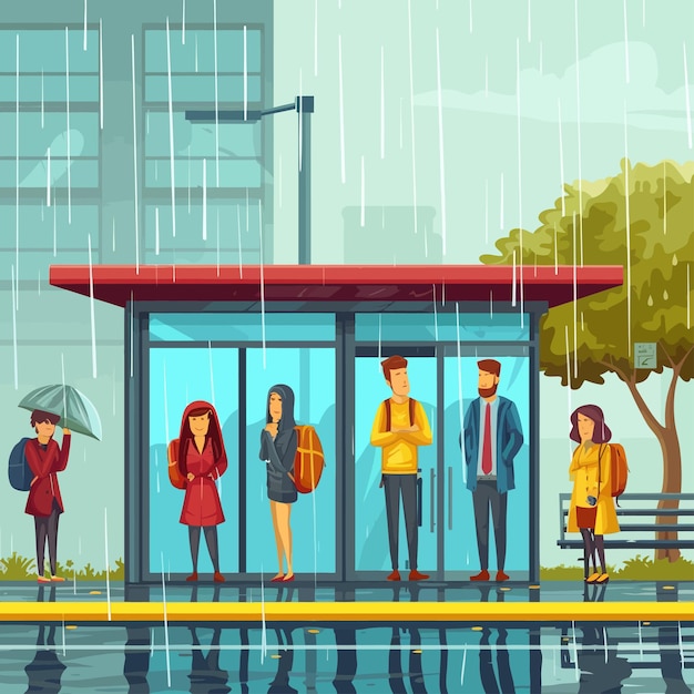 Vector cartoon_mensen_staan_bij_stad_bus_stop_op_regen