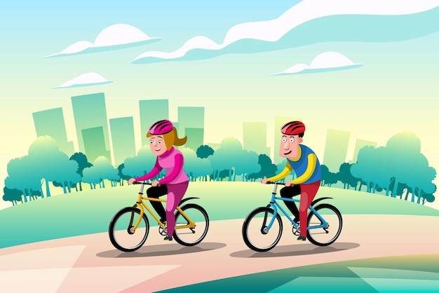 Cartoon mensen tekens valentine concept twee atleet gelukkige paar rijden op fietsen in park platte vector illustratie design