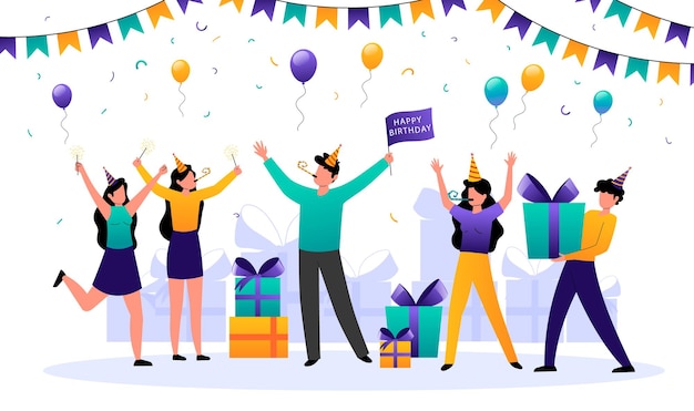 Cartoon mensen vieren gelukkige verjaardag blazen feestelijke fluitjes Vrienden feliciteren geven cadeau houden vlag bengaalse wonderkaarsen Geboortefeest versierde ballonnen confetti guirlande Vector illustratie