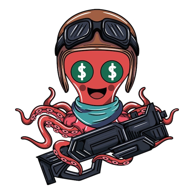 Vector cartoon mercenary pilot octopus character with aviator helmet illustration for fantasy science fiction and adventure comics