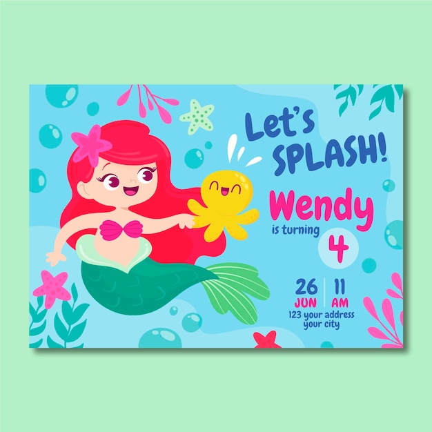 Vector cartoon mermaid birthday invitation template