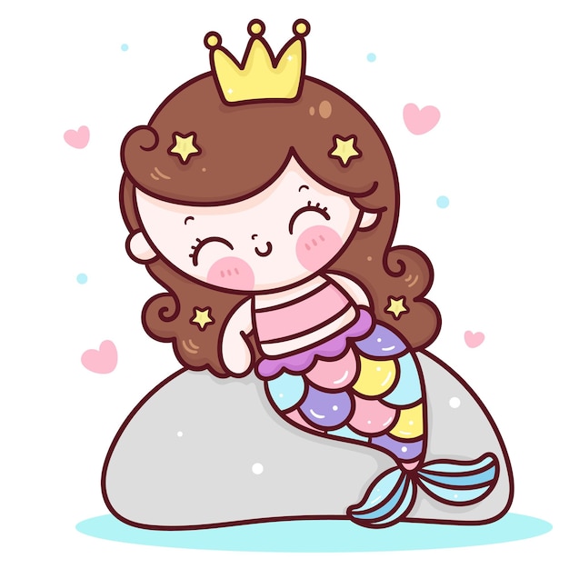 Vector cartoon mermaid princess sit on the rock kawaii style