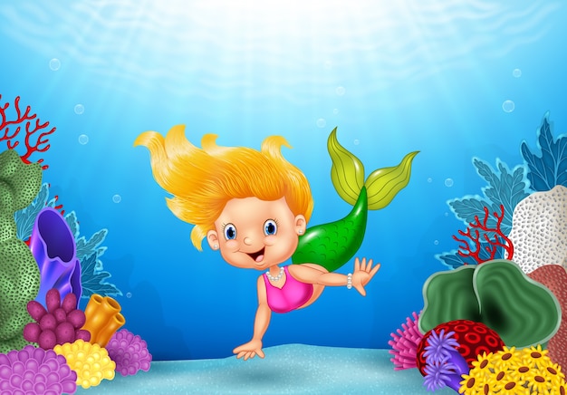 Cartoon mermaid with beautiful underwater world