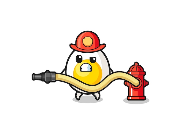 Cartoon met gekookt ei als brandweerman-mascotte met schattig ontwerp van waterslang