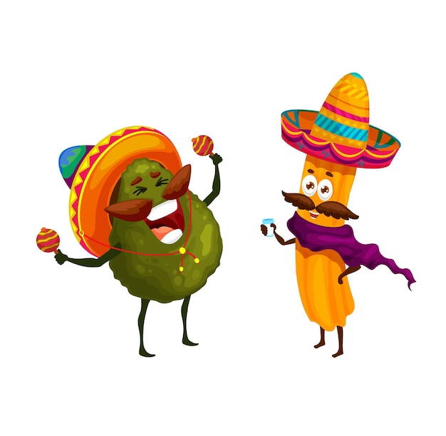 Cartoon Mexicaanse churros en avocado gelukkige karakters. Vector mariachi grappige muzikanten in sombrero maracas spelen en tequila drinken. tex mex fastfood artiesten vieren nationale feestdagen en zingen