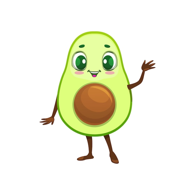 Вектор Мультяшный мексиканский веселый персонаж авокадо с улыбкой и махающим рукой векторным смайликом или смайликом каваи симпатичный авокадо с приветственным жестом и наполовину разрезанным семенем для детского персонажа еды