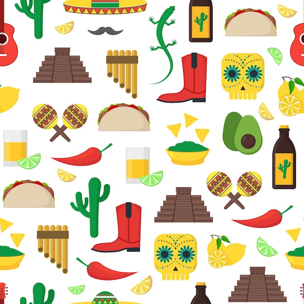 Cartoon Mexican Culture Background Pattern on a White Vector